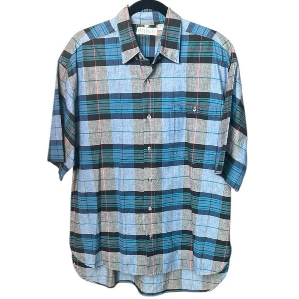 Blueprint Blue Gray Plaid Short Sleeve Button Up Shirt 100% Cotton Men's L